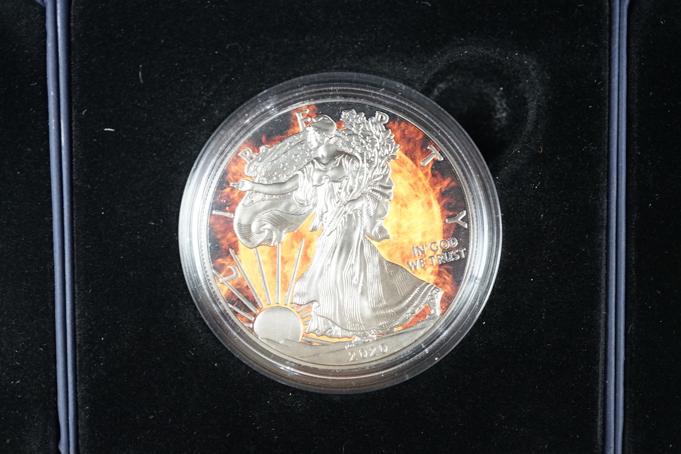 A World Money Fair Red back spider 5oz. Proof silver coin, three art colour 1oz. Silver dollars and a Burning Robin Hood 1oz. BU silver coin (5)